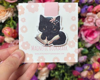 Black Cat with Book Magnetic Bookmark | Cat Bookmark | Cute Bookmark | Gifts for Cat Lovers