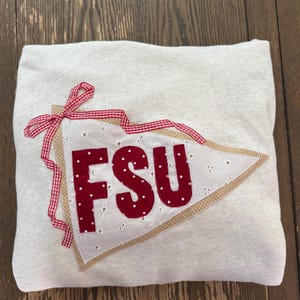 May include: A light gray sweatshirt with a decorative pennant featuring the letters "FSU" in red. The pennant is white with a dotted pattern and a tan border, accented with a red and white gingham ribbon.
