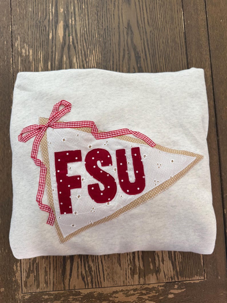 May include: A light gray sweatshirt with a decorative pennant featuring the letters "FSU" in red. The pennant is white with a dotted pattern and a tan border, accented with a red and white gingham ribbon.
