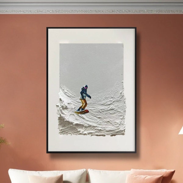 Original Skiing Fun 3D Canvas Art Thick Texture Snowy Mountain Scene Ski Slope Decor Custom Gift Home Wall Decoration Abstract Painting