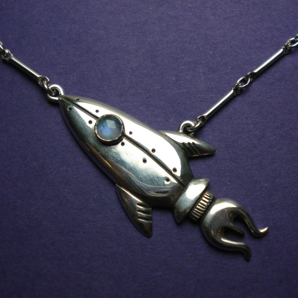 Rocket Ship moonstone sterling silver necklace