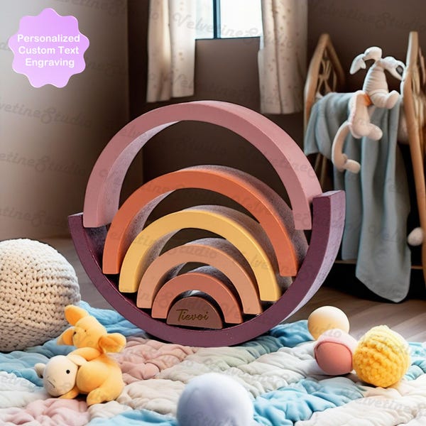 Personalized Rainbow Building Blocks, Children's Stacking Toys With Carved Names, Baby Early Education Toys, Wooden Arches, Stacking Toys