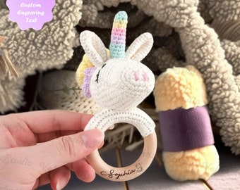 Rainbow Unicorn Baby Crochet Toy Rattle, Baby Shower Gift With Personalized Name, Wooden Rattle Ring With Engraved Text, Newborn Gift