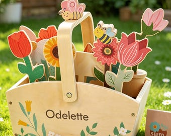 Personalized Wooden Flower Garden Toy, Kids Gardening Play Set, Montessori Pretend Play Toy, Custom Flower Pot Gift for Girls