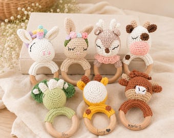 Personalized Crochet Baby Rattle 6 cm Engraved Name Cotton Animal Toy Natural Beechwood Newborn Gift