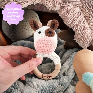 Personalized Cute Cow Crochet Rattle, Custom Wooden Baby Rattle, Crochet Toy Rattle With Baby Name Engraved, Baby Shower Gift, Newborn Gift