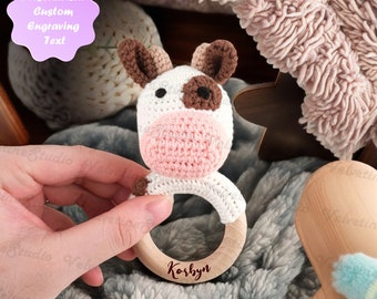 Personalized Cute Cow Crochet Rattle, Custom Wooden Baby Rattle, Crochet Toy Rattle With Baby Name Engraved, Baby Shower Gift, Newborn Gift