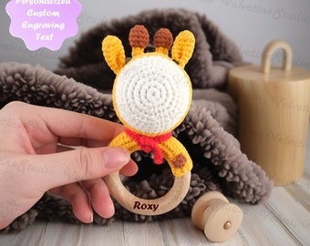 Personalized Crochet Giraffe Baby Rattle, Handmade Custom Baby Shower Gifts, Eco Rattles for Expecting Moms, Toy, Postpartum Baby Gifts