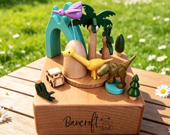 Personalized Wooden Jurassic Dinosaur Music Box, Engraved Name, Kids Room Decor, Birthday Gift, Unique Wooden Toy