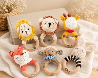 Personalized Crochet Baby Rattle with Engraved Name Cotton Animal Toy Beechwood Newborn Gift