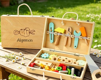 Personalized Wooden Tool Box for Kids, Engraved Toddler Tool Set, Montessori Wooden Toys, Pretend Play Workshop, Boy Gift