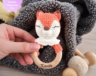 Custom Crochet Fox Wooden Rattle For Baby, Engraved Name Baby Gift, Wooden Rattle Ring For Newborn Baby Gift, Newborn Nephew/Niece Gift