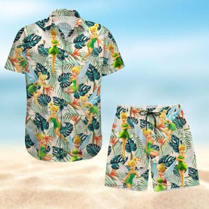 Camisa con botones de Campanilla, camisa hawaiana de princesas de Disney, pantalones cortos de verano para hombre, camisa de vacaciones de cuento de hadas, camisa hawaiana de Campanilla para mujer