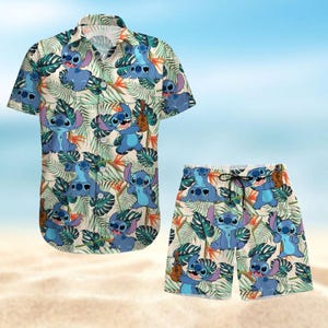 Shirt Stitch Button, Hawaiiaans Stitch-shirt, Disney Beach Shorts, Tropisch Shirt Grappig Stitch, Cartoon Film Zomerbroek, Vakantie T-shirt