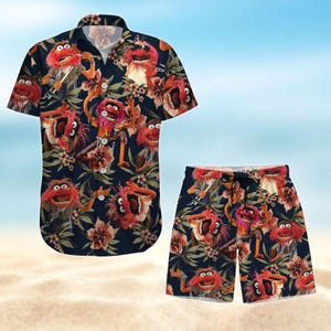 Shirt The Muppets Button, Hawaiiaans Muppet-shirt, shirt met korte mouw grappige dieren, strandshort heren, shirt met tropisch patroon cartoon,