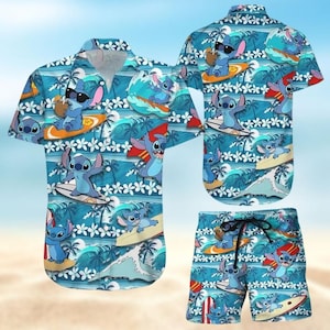 Camisa/pantalones cortos con botones de Stitch, camisa hawaiana de Stitch, camisa playera de Disneyland, camisa hawaiana de dibujos animados, camisa de manga corta con estilo veraniego.