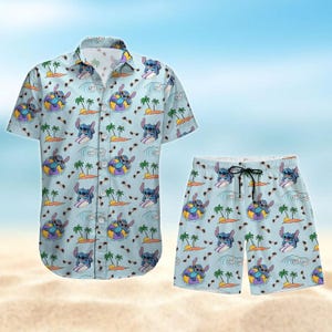 Camisa con botones de puntada, camisa hawaiana de puntada, pantalones cortos de verano de Disney para hombre, camisa hawaiana de dibujos animados para hombre, camisa de viaje de vacaciones de Disney para mujer