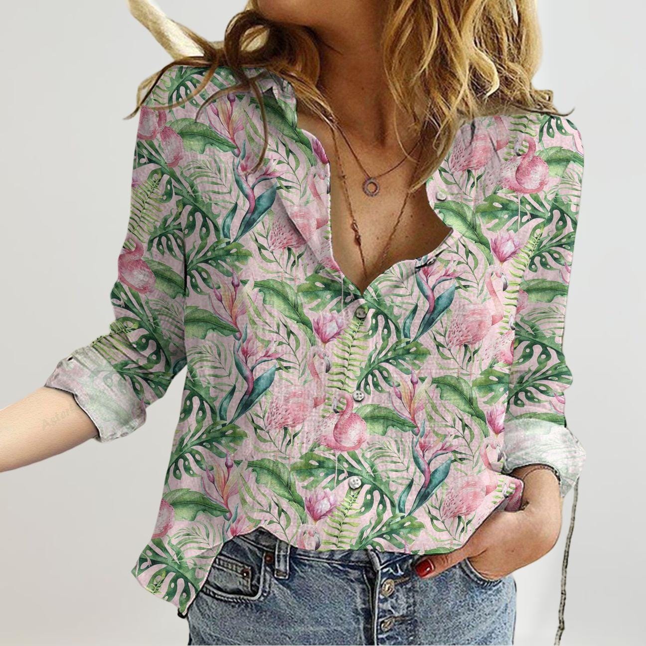 Blusa con flamencos tropicales para mujer, camisa con botones y