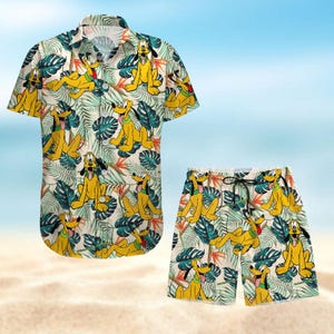 Camisa/pantalones cortos con botones de perro Pluto, camisa hawaiana Pluto, pantalones cortos de playa de Disney para hombre, camisa de verano para perro, camisa hawaiana para mujer, pantalones de verano