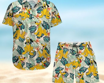 Pluto Dog Button Shirt/Shorts, Pluto Hawaiian Shirt, Disney Beach Shorts Men, Summer Dog Shirt, Aloha Shirt Women, Summer Pants