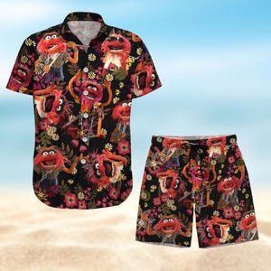 Camisa con botones de los Muppets, camisa hawaiana de los Muppets, camisa hawaiana con animales divertidos para mujer, pantalones cortos de playa para hombre, camisa con estampado tropical de dibujos animados