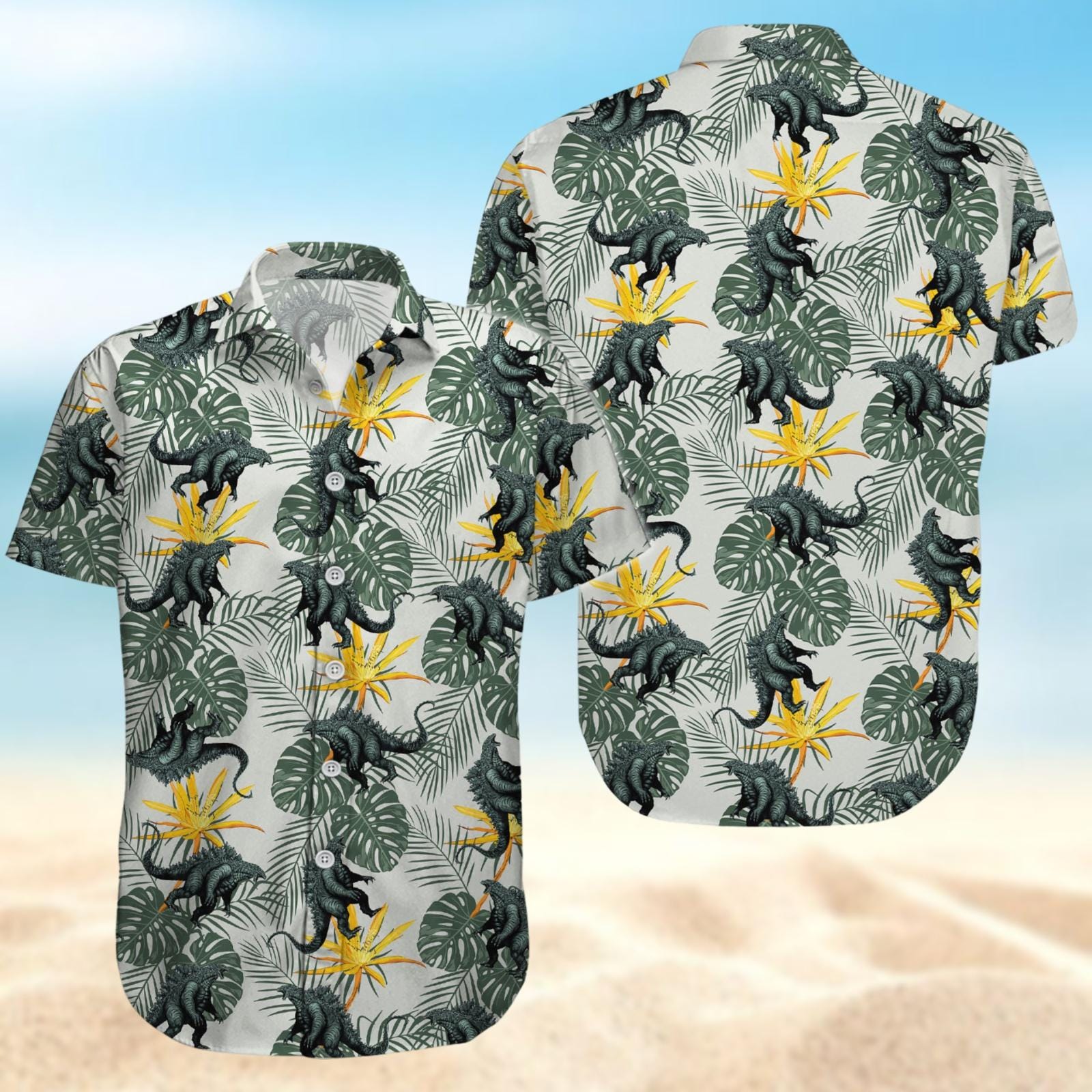 Godzilla Hawaiian Shirt, Godzilla Button Shirt, Monster Beach Shirt, Summer Shorts Men Women, Kong Vacation Shirts