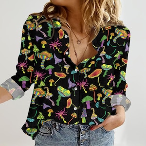 Farben Pilz Bluse Shirt, Goblincore Langarm Shirt, Pilz Sammler Bluse Shirt, Natur Liebe Shirt für Mama, Geschenk für Sie