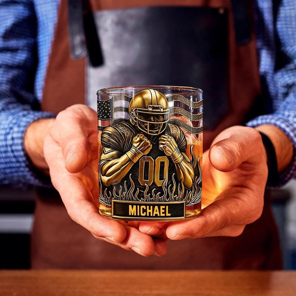 Personalized Football Whiskey Glass Gold,  Sports Gift for Men, Custom Name Whiskey Cup,  Retro Barware Decor, Whiskey Lover Gift