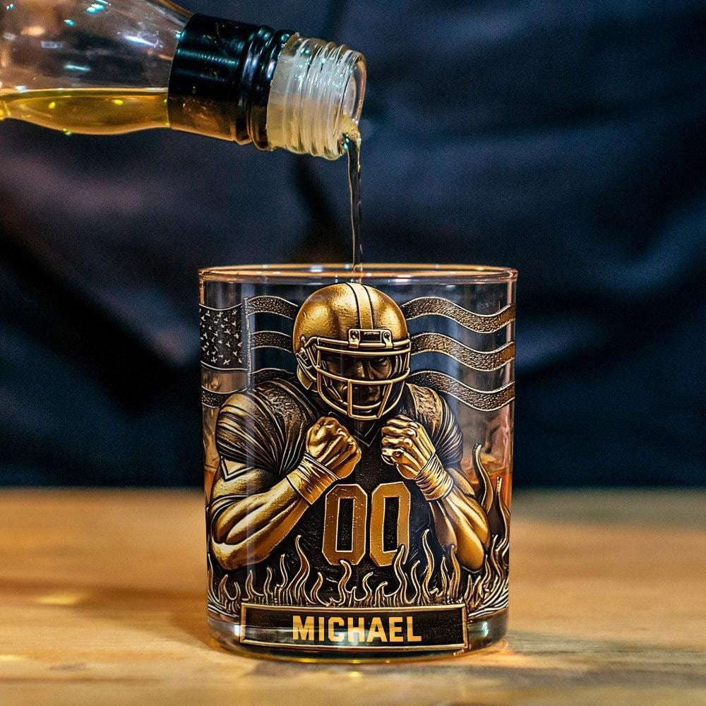 Personalized Football Whiskey Glass Gold,  Sports Gift for Men, Custom Name Whiskey Cup,  Retro Barware Decor, Whiskey Lover Gift