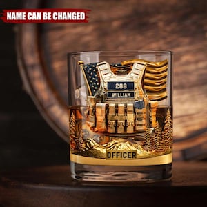 Police Officer Whiskey Glass Gold, Personalized Military Whiskey Cup with Name And Badge Number, Custom Law Enforcement Gift for Men