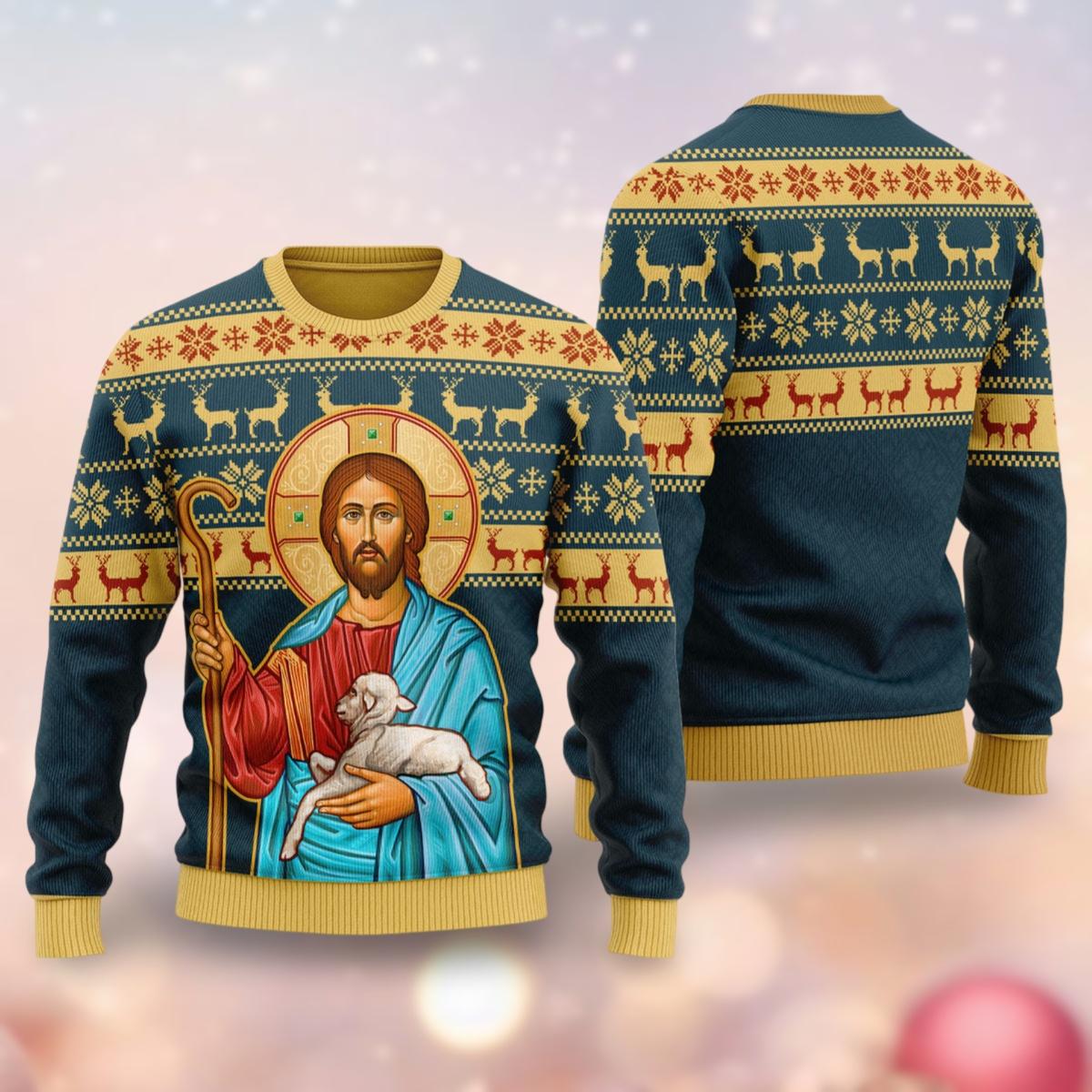 Pull De Noël Moche - Jésus Et Père Noël Qui Se Serrent La Main - Manches Longues, Coupe Classique