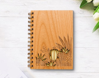 Custom Desert Garden Wood Journal, Notebook, Sketchbook, Spiral Bound, Blank Pages, Gifts for Her, Him, Birthday, Anniversary, Just Because