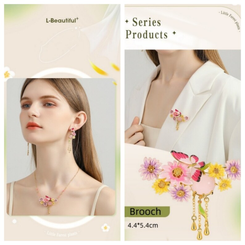 May include: A gold-tone brooch with a pink and purple flower design and a butterfly charm. The brooch has a dangling chain with three gold-tone beads. The brooch is 4.4 inches by 5.4 inches.