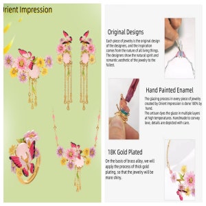 May include: A set of gold-plated jewelry featuring a butterfly design with pink, white, and yellow enamel. The jewelry includes earrings, a necklace, and a ring. The text "Orient Impression" and "Hand Painted Enamel" are visible in the image.