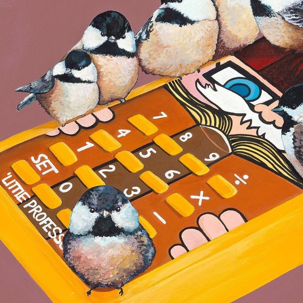 Digital Downloadable Print of Original Art of Carolina Chickadee Birds sitting atop of a vintage Little Professor Electronic toy calculator