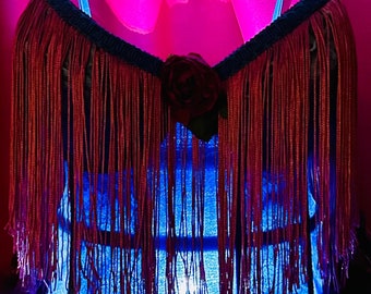 One of a Kind Tramp Lamp Crafted from a Vintage Blue Bustier detailed in Rose and Blue Trim with Long Rose Fringe and Dark Wine Feathers