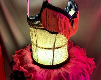 One of a Kind Tramp Lamp Crafted from a Leopard Print Teddy Trimmed in Pink Fringe Black Sequins and a Pink Sheer Apron over Black Feathers