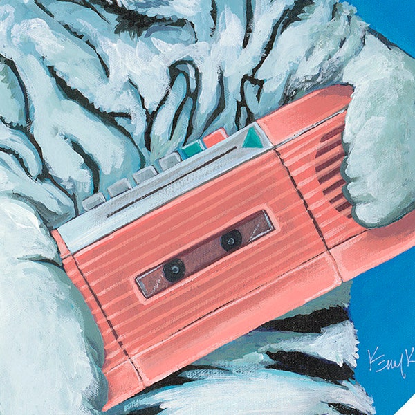 Téléchargement numérique : Impression de l'oeuvre originale White Tiger avec vintage Pink Portable Radio Cassette Player on Blue in Oval