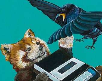 Digital Download: Print of Original Artwork Red Panda and Rifle Birds with Vintage Tape Recorder