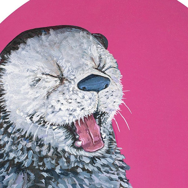 Digital Download Print of Original Artwork Otter with vintage Children’s record Player toy on pink in Oval