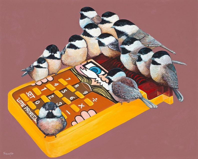 Digital Downloadable Print of Original Art of Carolina Chickadee Birds sitting atop of a vintage Little Professor Electronic toy calculator image 1