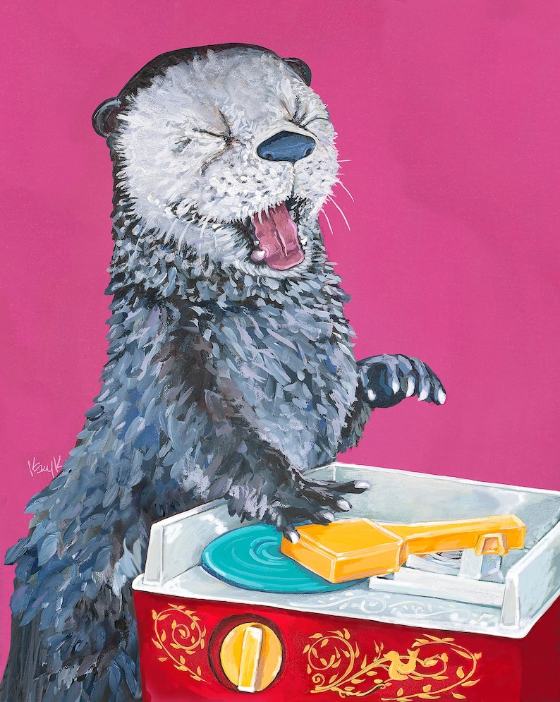 Digital Download Print Rectangular ReDesign of Original Artwork Otter with Vintage Children's record Player toy on pink to all 4 corners image 1