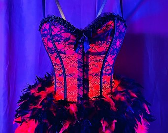 Tramp Lamp: Red Corset Black Lace Overlay, Feather Trim - Etsy