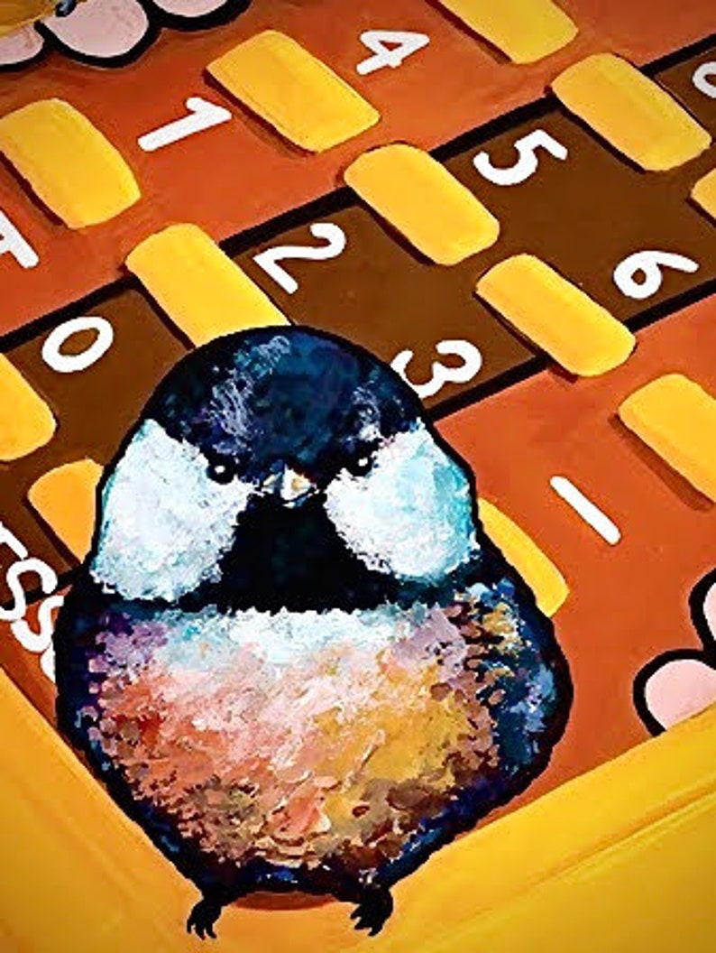 Digital Downloadable Print of Original Art of Carolina Chickadee Birds sitting atop of a vintage Little Professor Electronic toy calculator image 3