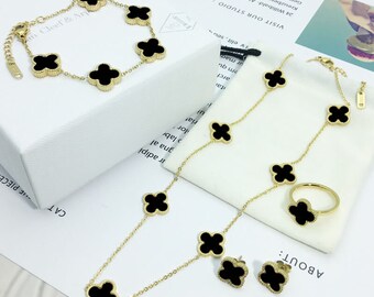 18K Gold-Plated Clover Jewelry Set - Van Cleef Alhambra VCA Inspired, Mother of Pearl - Necklace, Bracelet, Earrings Gift For Her