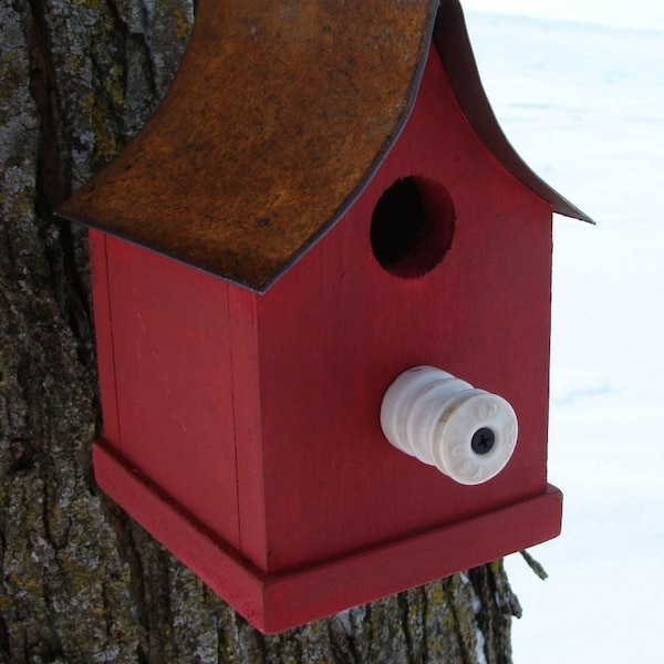 Rustic Red Birdhouse:  Recycled Farm Insulator, Handmade