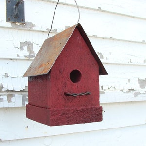 Old Red Rustic Birdhouse Handmade with Metal Roof Outdoor Garden Decor Functional Bird House image 4