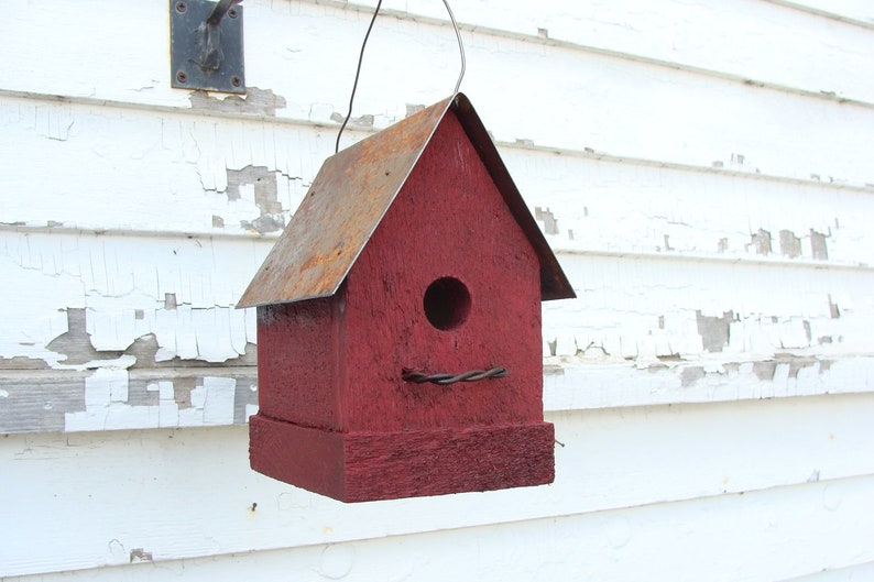 Old Red Rustic Birdhouse Handmade with Metal Roof Outdoor Garden Decor Functional Bird House image 4