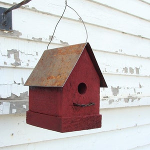 Old Red Rustic Birdhouse Handmade with Metal Roof Outdoor Garden Decor Functional Bird House image 5