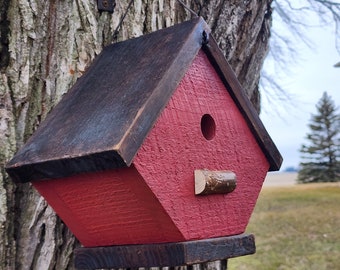 Large Old Red Rustic Birdhouse Handmade for Wrens and Chickadees